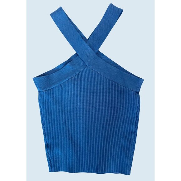 HOUSE OF HARLOW 1960 Blue Ribbed Halter Cross Strap Top Size XS - Picture 5 of 7
